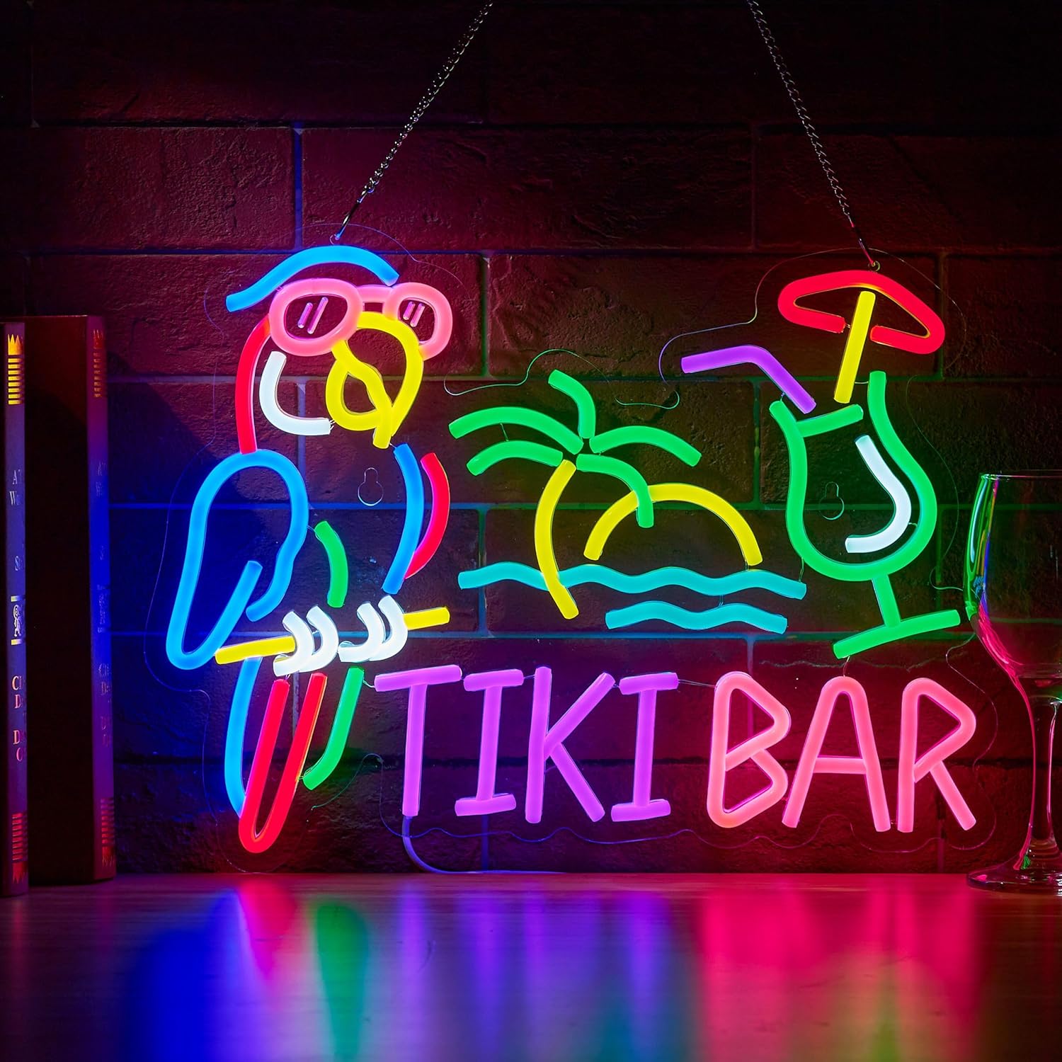 Beer & Wine Jockey Plaza Shopping - Tiki Bar Papageienpalmen-Neonschild Geschäfts-Wandbeleuchtung USB LED