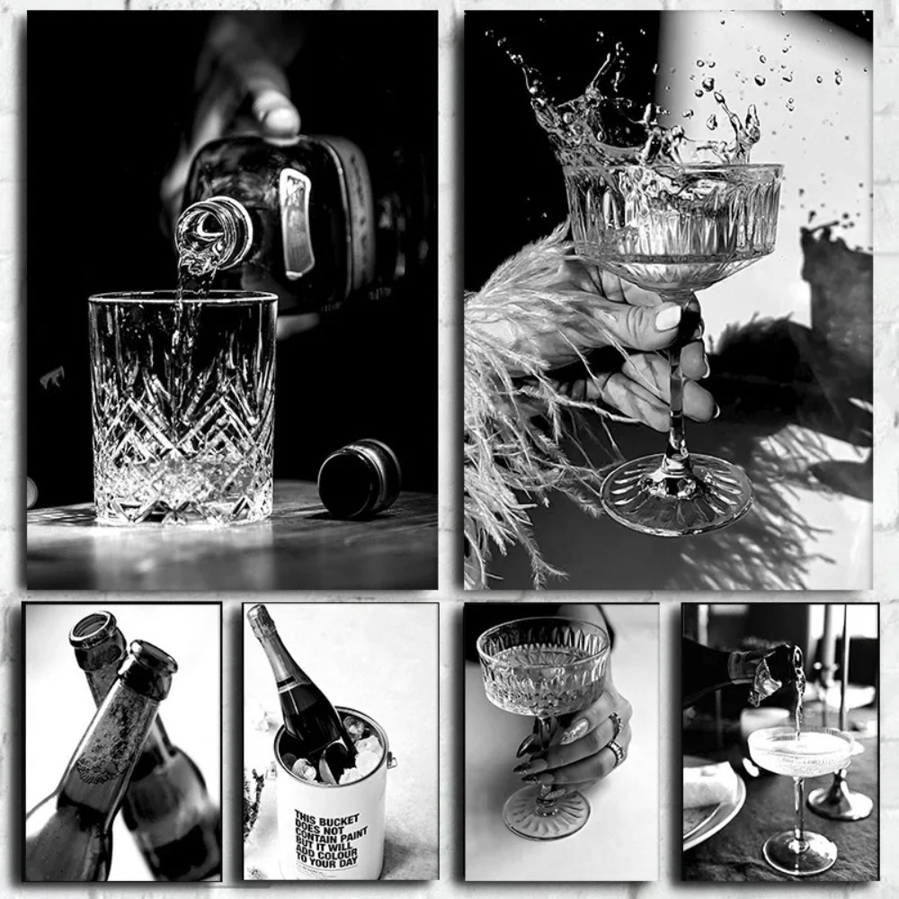 Whisky Beer And Wine - (2D-Leinwandgemälde) Schwarz-weißes Bar-Poster mit Champagner, Bier,